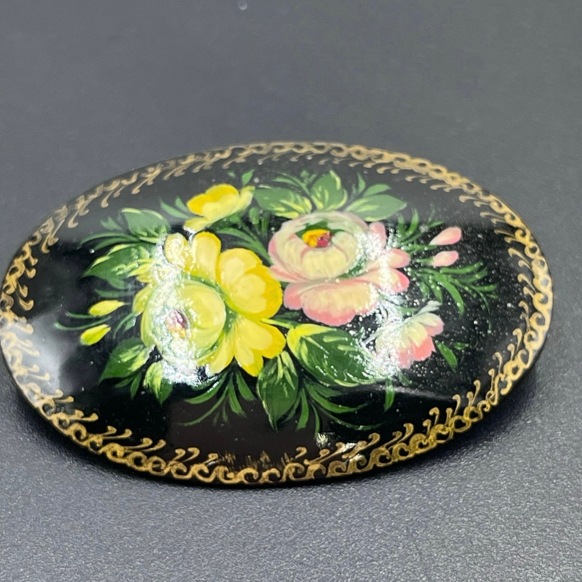 Vintage Russian Signed Lacquer Oval Brooch Pin Floral Multicolor Hand Painted